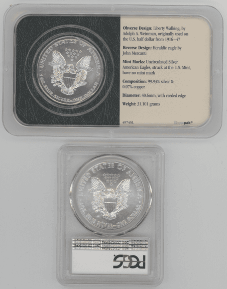 2002 Gem BU in Littleton holder and 2015 $1 PCGS MS69 Silver Eagles