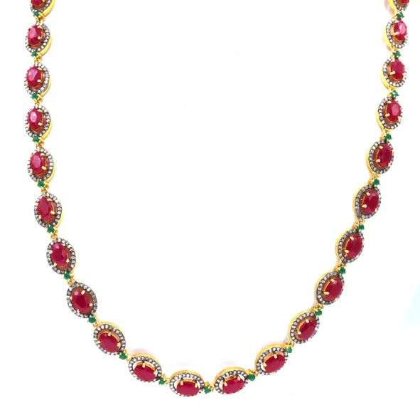 Gorgeous 17.50CTW Oval Faceted Rubies, 5.00CTW Diamonds & Emerald Necklace in14K Yellow Gold Over St