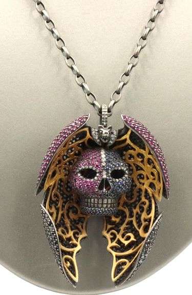 925 Sterling silver pink sapphire, blue sapphire and diamond skull with wings pendant on chain