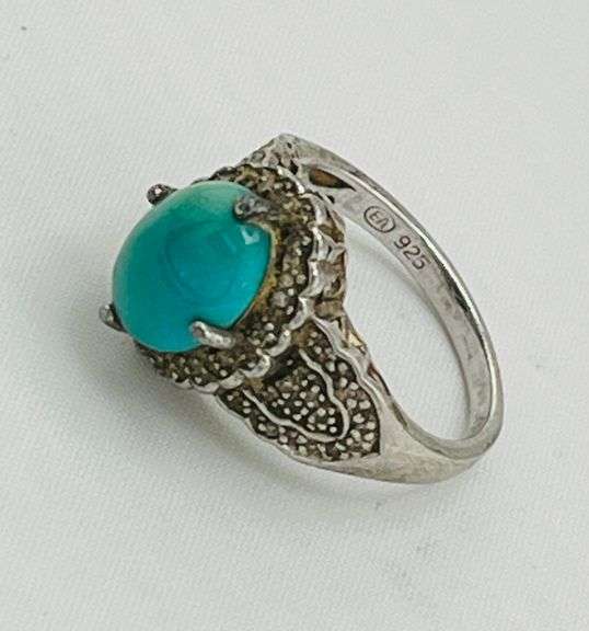 925 Ster;ling Silver Vintage Turquoise With Decorative Metalwork Ring
