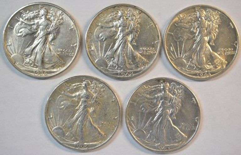 5 Diff. Nice lustrous 'P' Mint Walking Liberty Half Dollars 1936 to 1945