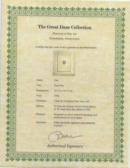 Erte "Rose Fan" Estate Serigraph with Foil Stamping Framed