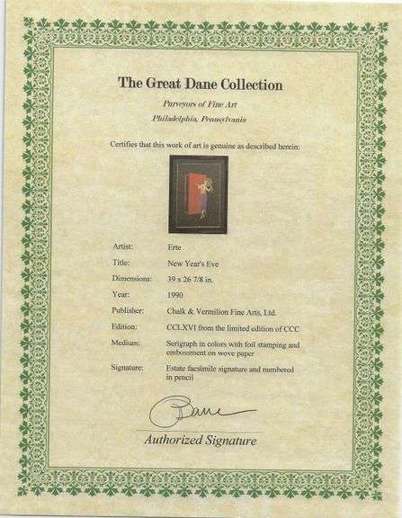 Erte "New Year's Eve" Estate Serigraph with Foil Stamping Framed