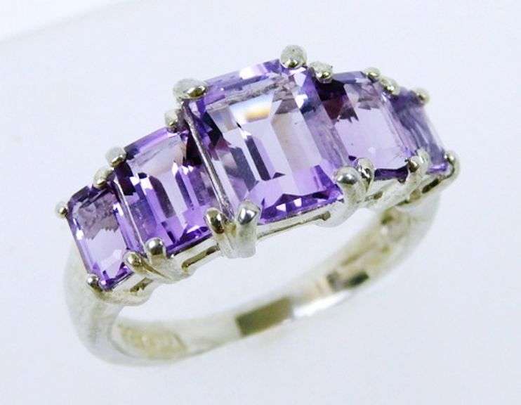 Sterling Ring of Emerald Cut Amethyst's, Size 5.75