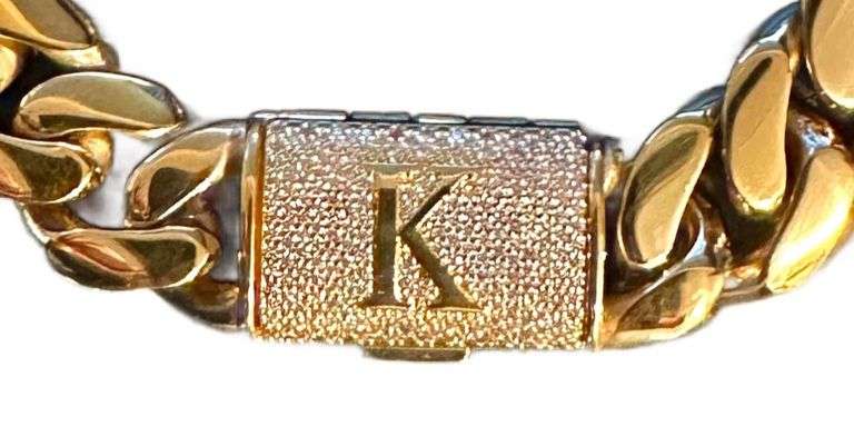 Huge 14 Kt Yellow Gold Plate Monogramed Initial " K" Curb Link Bracelet