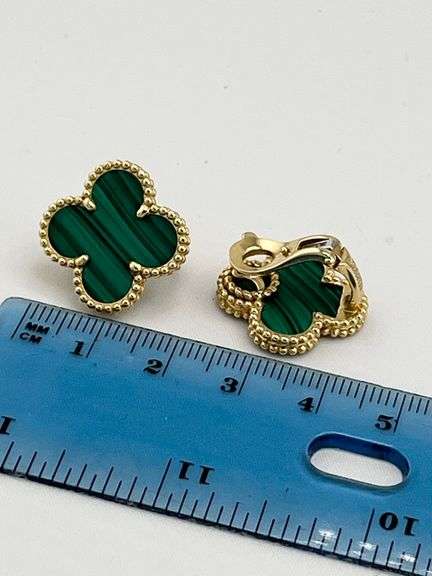 18KT Yellow Gold Stunning Green Malachite large Clover Stud Earrings