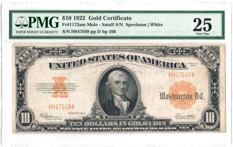 1922 $10 Gold Certificate “Speed White” Mule Note | FR#1173am | Small S/N | VF 25