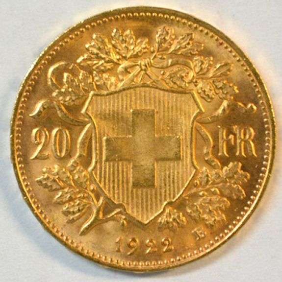 Superb Gem BU 1922 Swiss 20 Francs Gold Piece