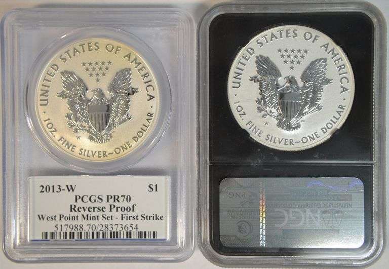 Two Perfect 2013-W Reverse Proof $1 Silver Eagles. NGC & PCGS PR70
