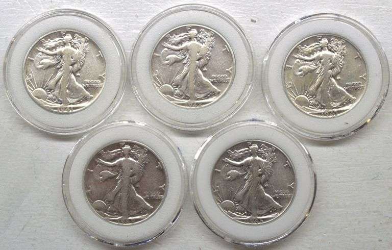 1941-D, 1942, 1943, 1944-S, 1945 Set of 5 Walking Liberty Half Dollars – Original Box & COA