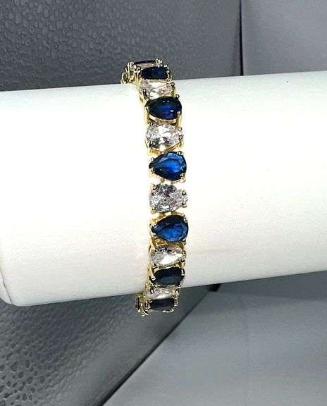18 Kt. Yellow Gold Plated 32.5 Ctw. CZ and Simulated Blue Sapphire Tennis Bracelet