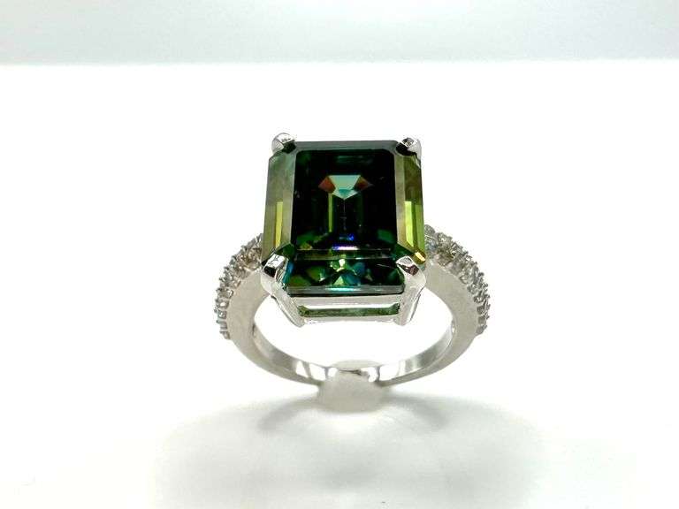 Stunning 145 Kt White Gold Plate Huge 9.5 Ct VVs1 Deep Forest Green Fire Moissanite Ring