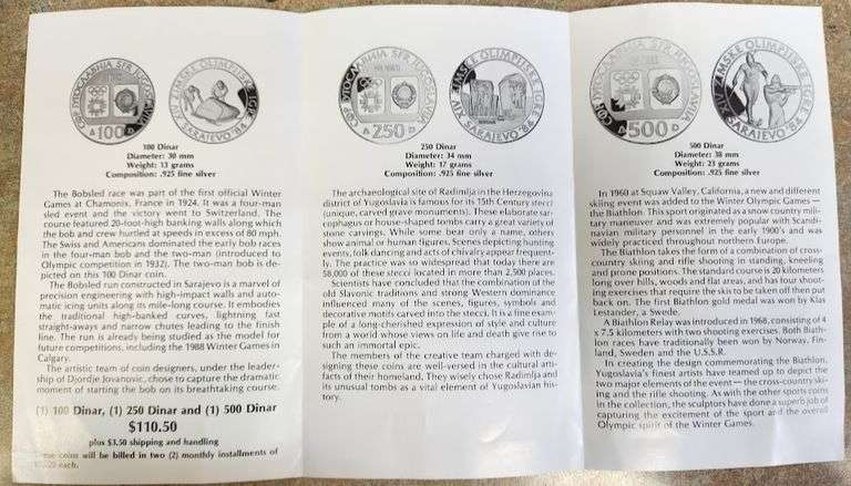 1984 National Bank Of Yugoslavia Olympic Silver Proof Coin Set