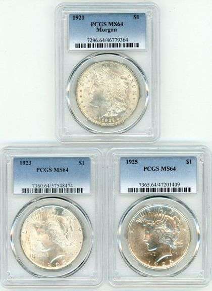 Near Gem BU 1921 Morgan & 1923 & 1925 Peace Silver Dollars