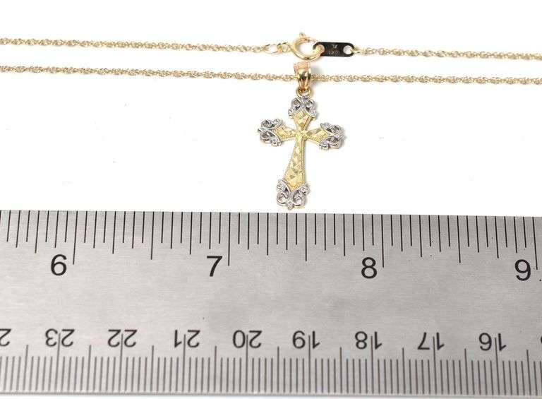Lovely 10K Yellow and White Gold Cross Pendant Necklace