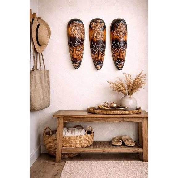 Lot of 3 Hand-Carved African Tribal Wall Masks