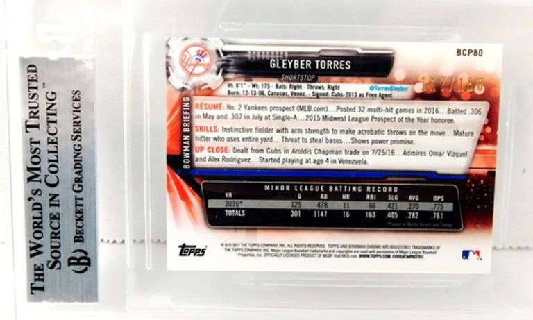 Gleyber Torres 2017 Baseball Card, 9 Mint