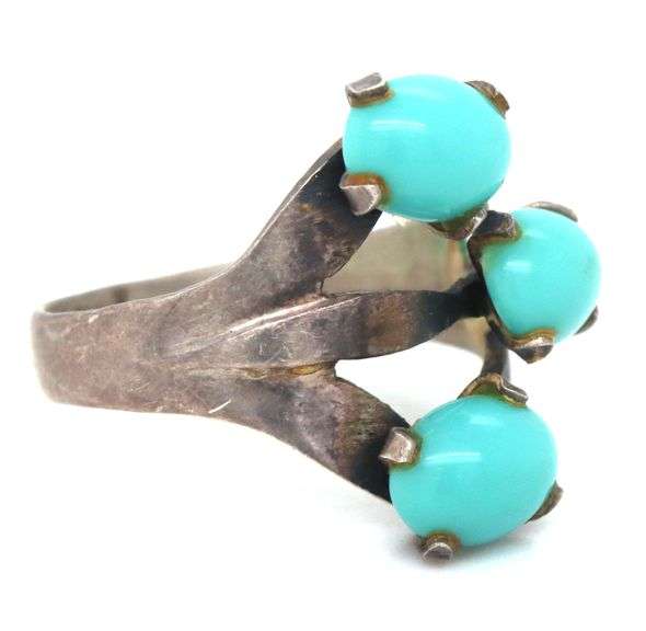 925 Sterling Silver Vintage Mexico stamp Three Turquoise Stone Rong