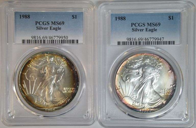 2 Original near perfect Gem BU 1988 $1 Silver Eagle coins. PCGS MS69