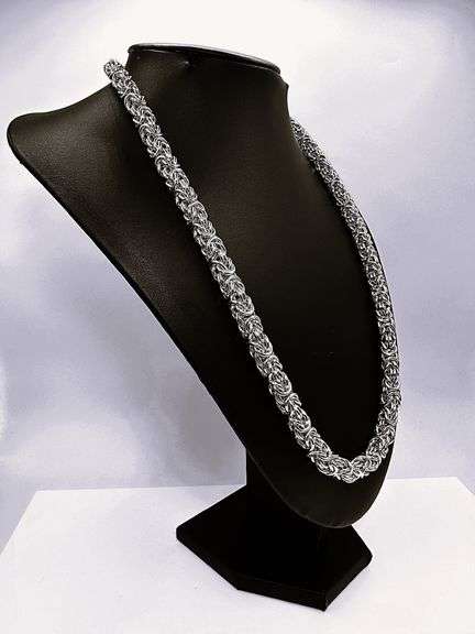 Huge 125.4 Gram 18 Kt. White Gold Plated Byzantine Chain Necklace.