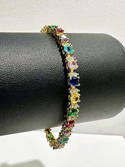 Beautiful Yellow Gold Plate Mixed Color Simulated Sapphire Tennis Bracelet