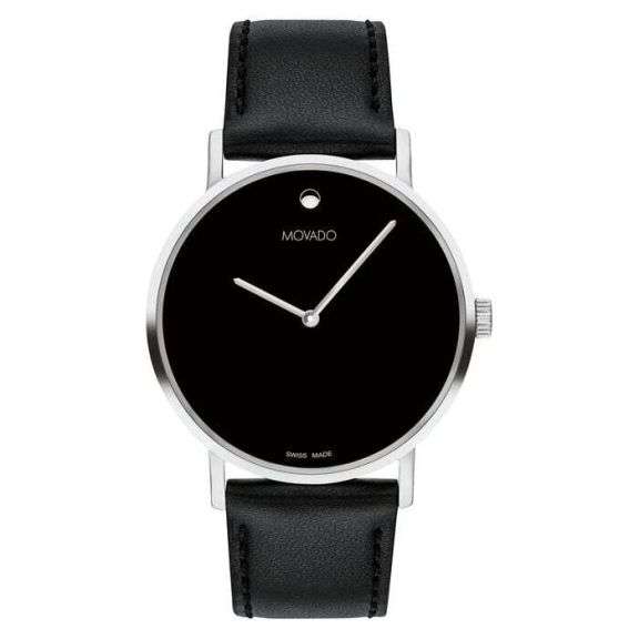 Movado Signature Men’s Watch – Silver Stainless Steel Case with Black Leather Strap