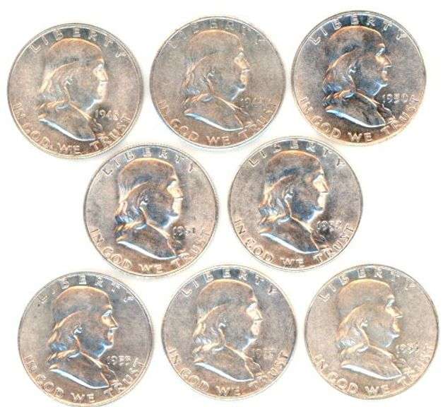 Run of 8 different AU to BU Franklin Half Dollars 1948 to 1955