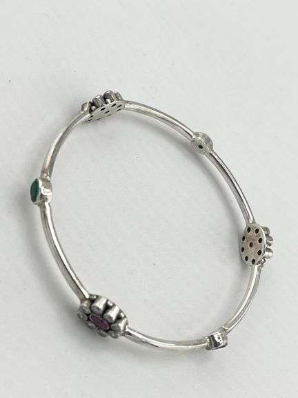 925 Sterling Silver Ruby And Emerald Accents Along The Bangle Bracelet