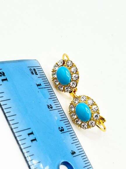 925 Gold Tone Sterling Silver Turquoise Color Stone With Halo Rhinestones Earriungs