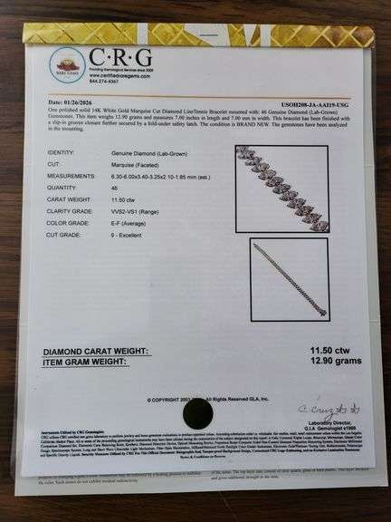Stunning 14KT White Gold Marquise Cut Lab Diamond Tennis Bracelet, 11.5 CTTW