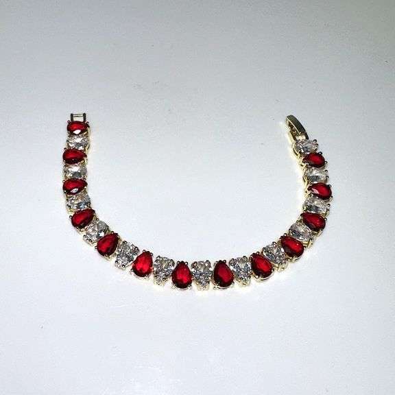 Gold Plated Huge 32.5 Ctw Simulated Ruby Tennis Bracelet