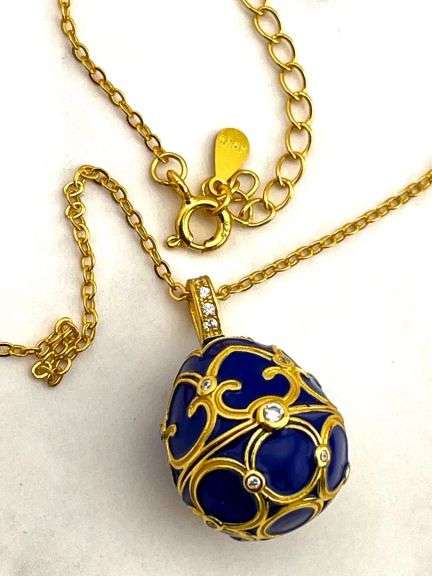 Elegant Egg Pendant Necklace & Bracelet Set – Sapphire Accent, 18K Gold Vermeil, “Something Blue” We