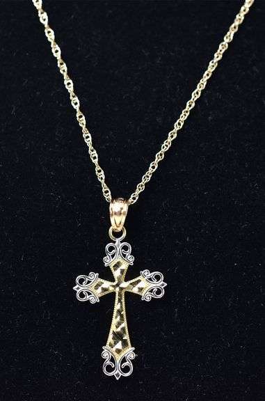 Lovely 10K Yellow and White Gold Cross Pendant Necklace