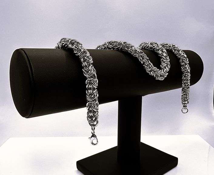 Huge 125.4 Gram 18 Kt. White Gold Plated Byzantine Chain Necklace.