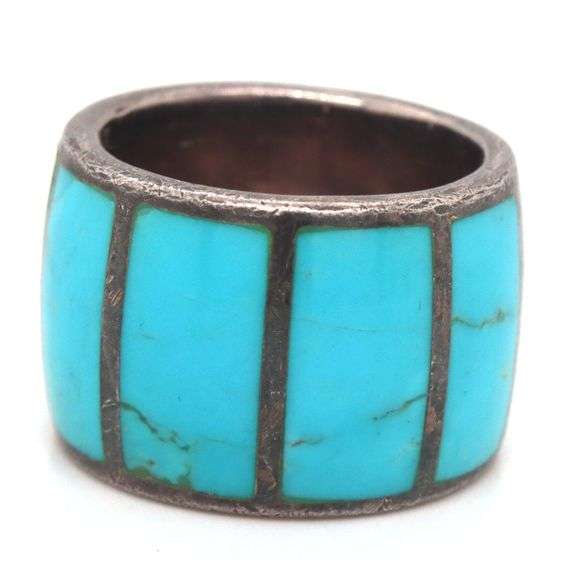 925 Sterliong Silver Southwest Style Turquoise Inlay Wide Band Ring