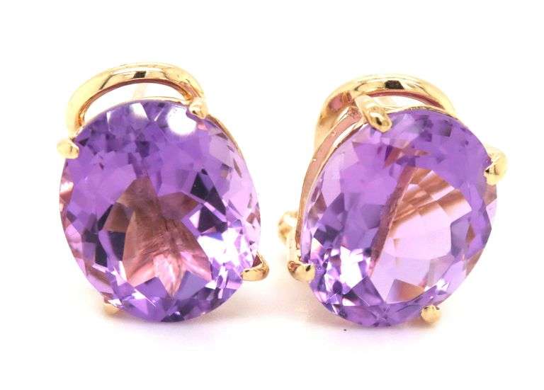 14kt Yellow gold oval amethyst omega back earrings
