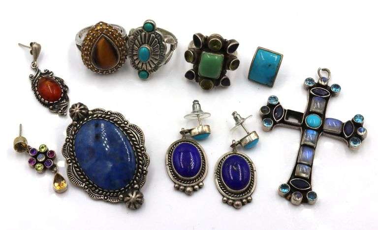Group lot of Vintage 925 sterling silver lapis and turquoise mixed jewelry