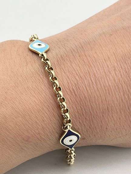 14KT Yello Gold Two Differtent Anemel Color Evil Eye With Rolo link Chain