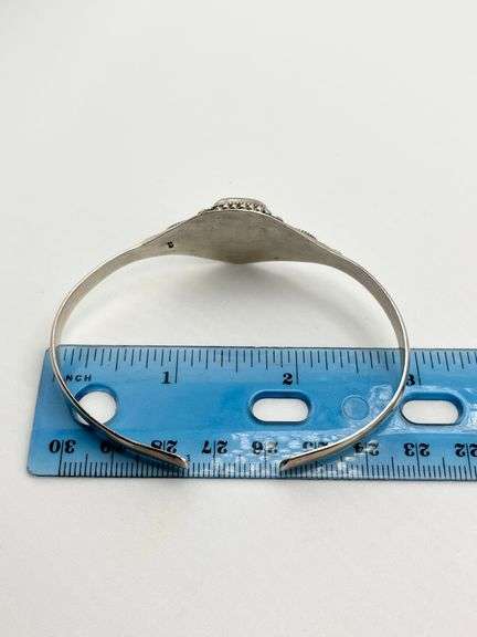 925 Sterling Silver Ornate Vintage  Filigree design Green Smithsonite Cuff Bracelet