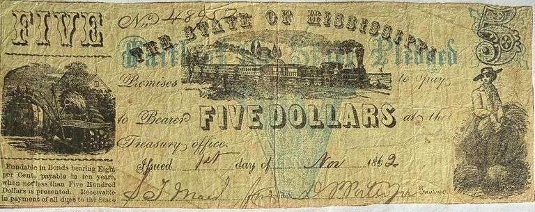 $5 State of Mississippi Nov 1 1862 Two Color Note
