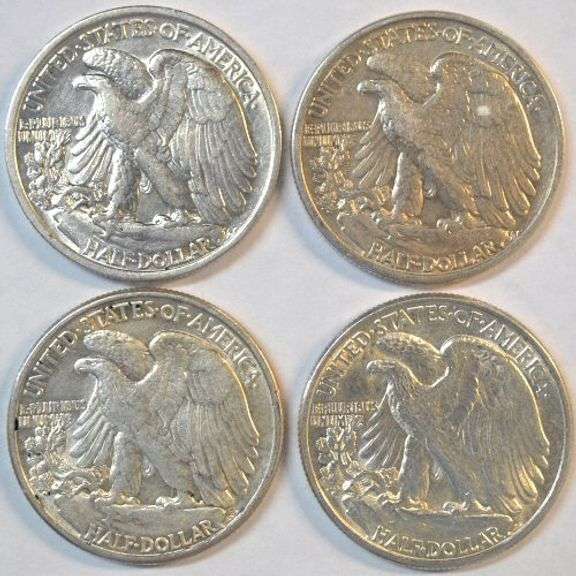 4 Diff. Nice lustrous 'P' Mint Walking Liberty Half Dollars 1936 to 1945