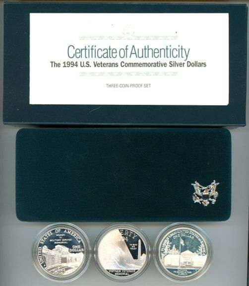 Gorgeous 1994 3-pc US Veterans Commemorative Silver Dollars. Box/COA