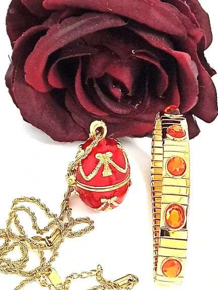 Imperial Egg Crystal Necklace & Ruby Bracelet Set – 24K Gold Handset Locket