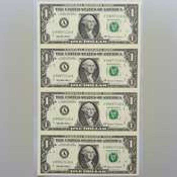 Sheet of 4 Uncut 1999 $1 Fed Reserve Notes.