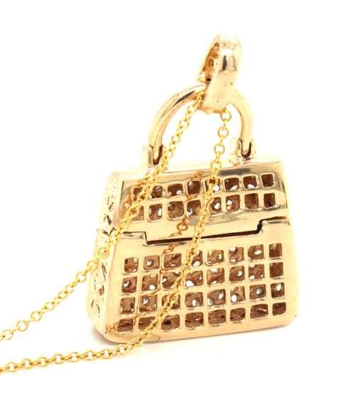 14kt Yellow gold diamond lattice purse pendant on chain necklace