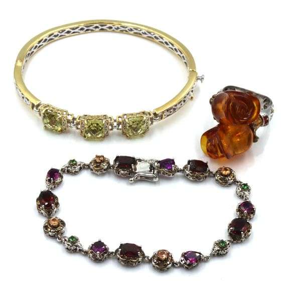 925 Sterling silver amber flower style ring, bangle and bracelet