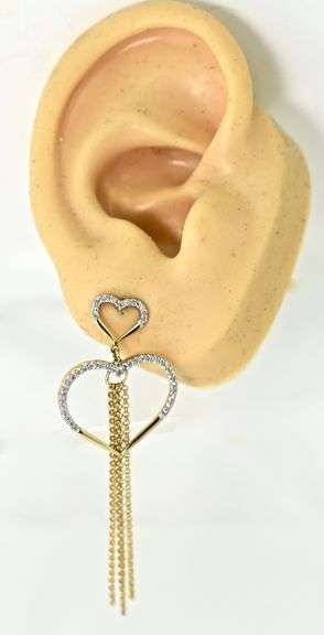 Fun 14K Yellow Gold Double Heart Diamond Dangle Earrings