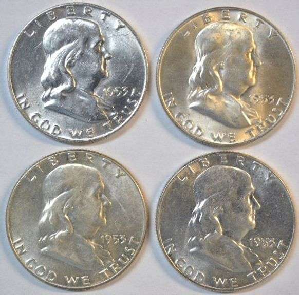 4 Choice BU Franklin Half Dollars with FBL. 2 1953 & 2 1953-D