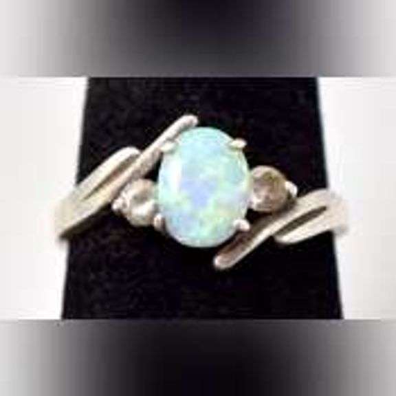 Opal and CZ Gemstone Ring in Sterling Silver .