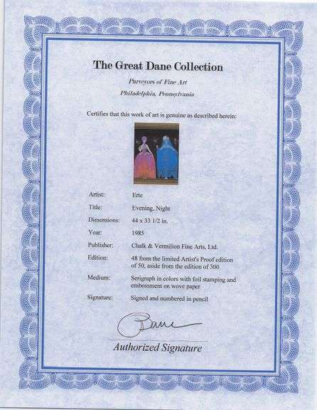 Erte "Evening Night" Signed Limited Edition Serigraph with Foil Stamping